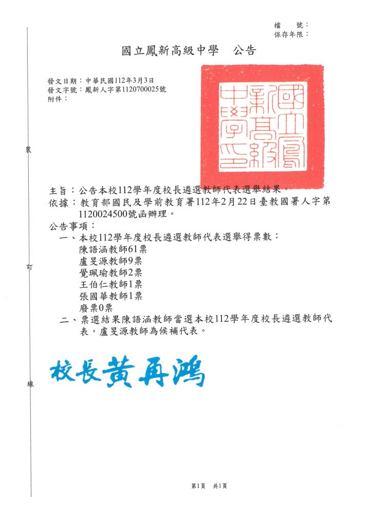 112學年度校長遴選教師代表選舉結果