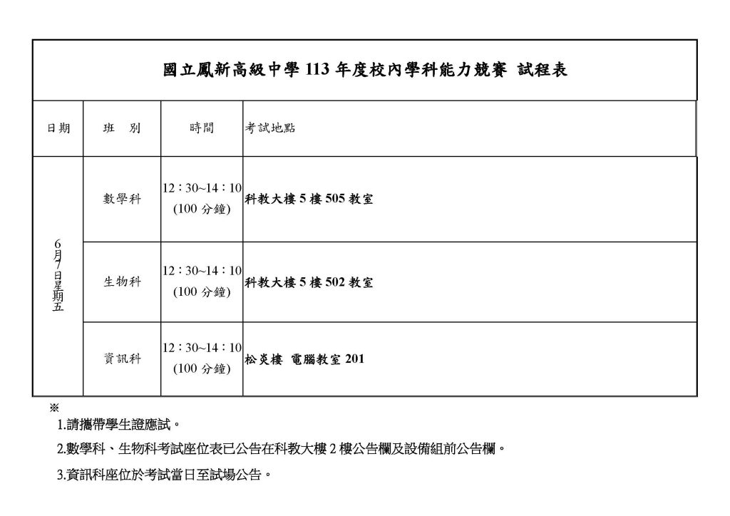 國立鳳新高級中學113 年度 校 內 學 科 能 力 競 賽 試程表