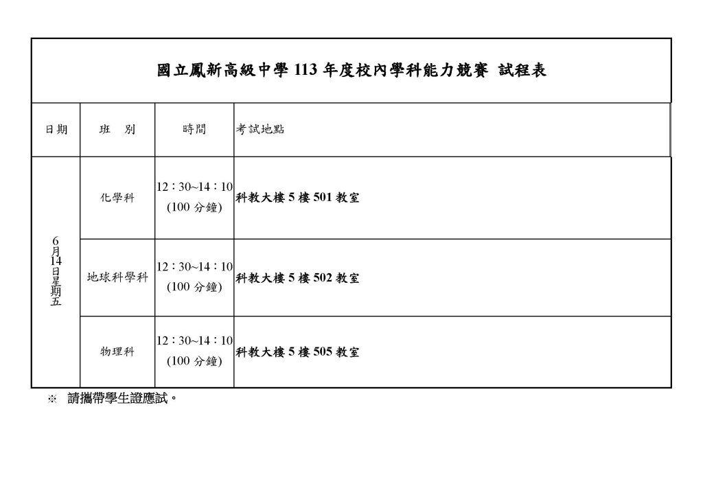 113 年度 校 內 學 科 能 力 競 賽 物理化學地球科學科試程表