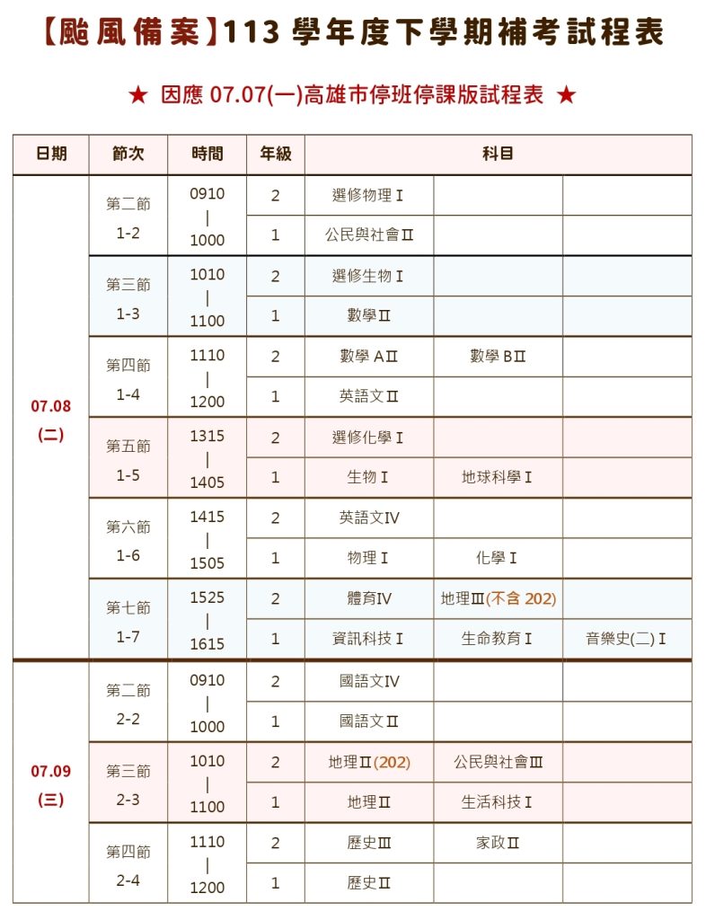 113-2 因應颱風補考試程表