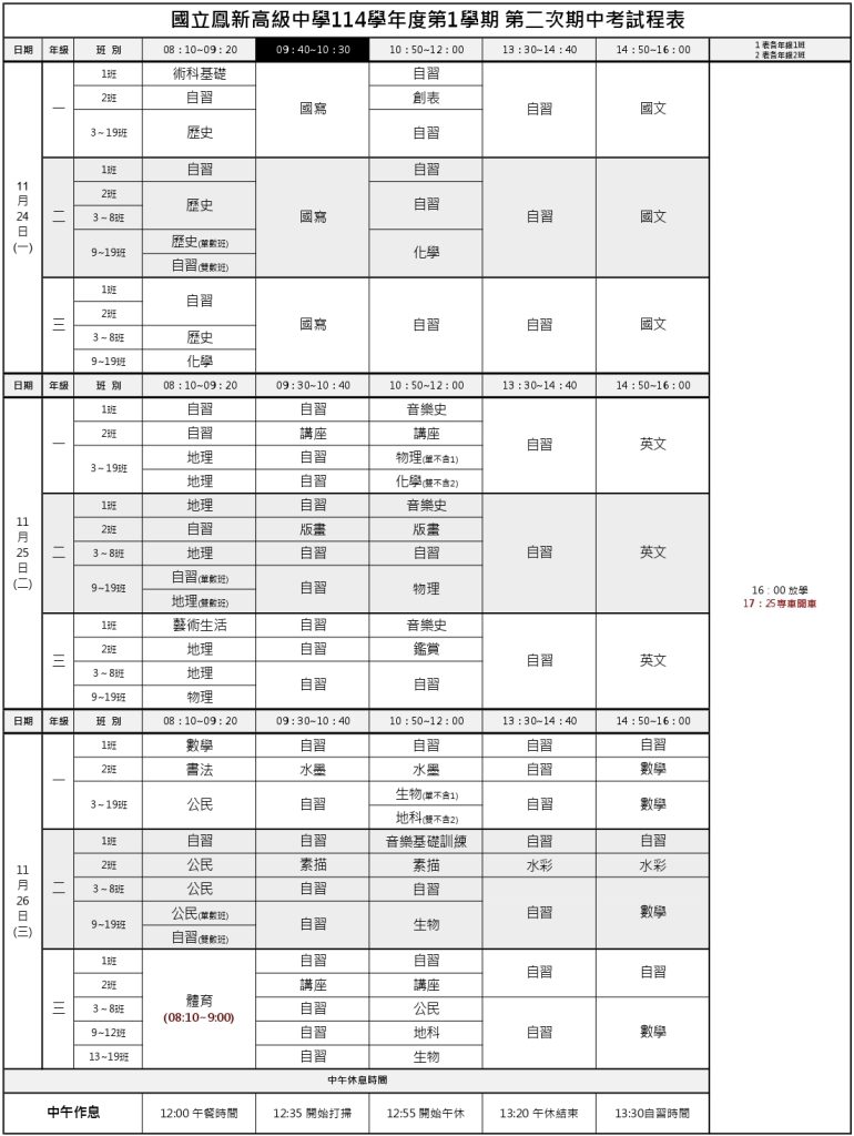 第二次期中考試程表