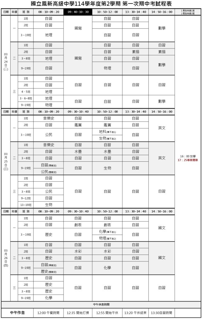 114-2 第一次期中考試程表
