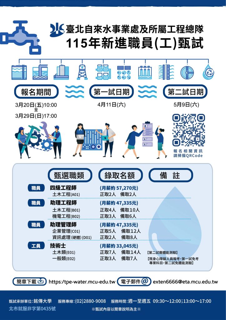 臺北自來水事業處及所屬工程總隊115年新進職員（工）甄試
