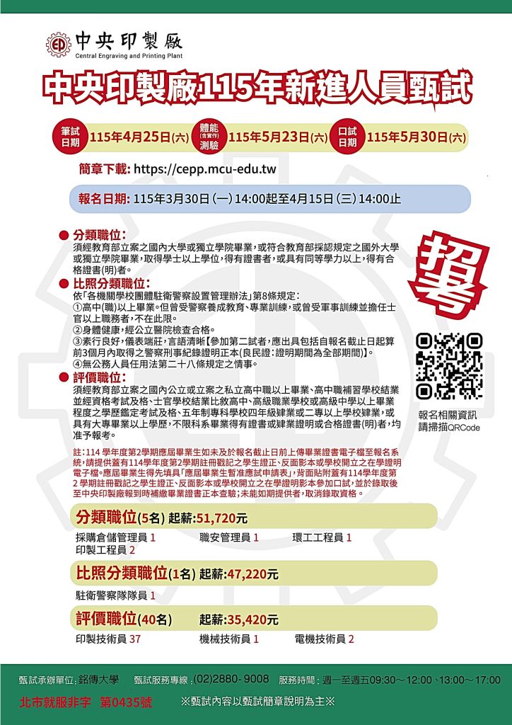 中央印製廠115年新進人員甄試